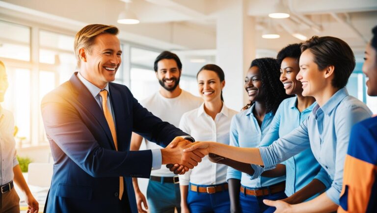 A boss shaking the hand of an employee