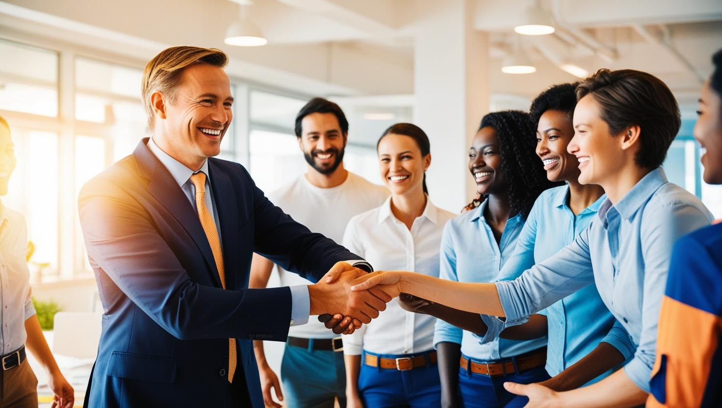 A boss shaking the hand of an employee