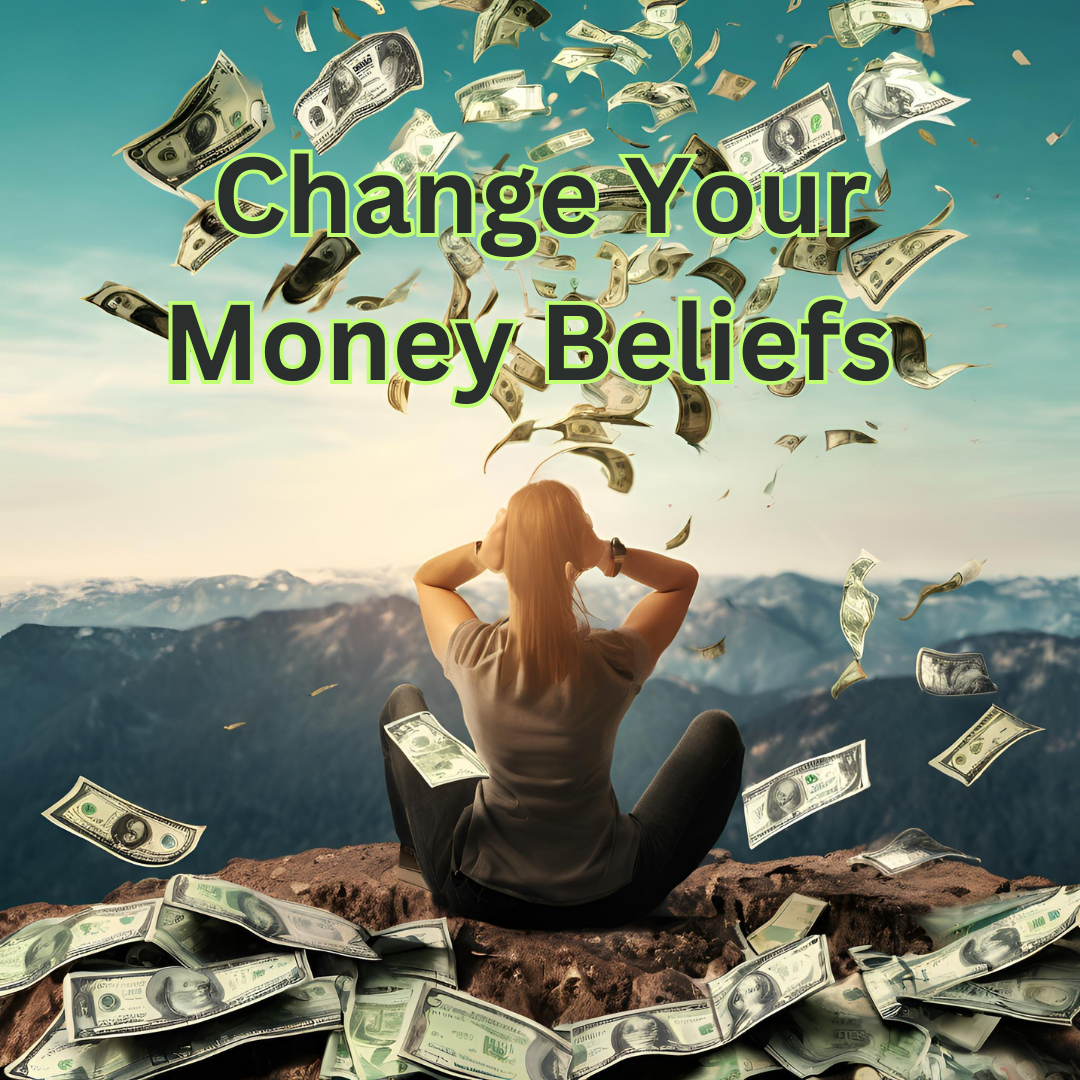 Woman Holding Head as money is falling everywhere as she is sitting on top of a mountain