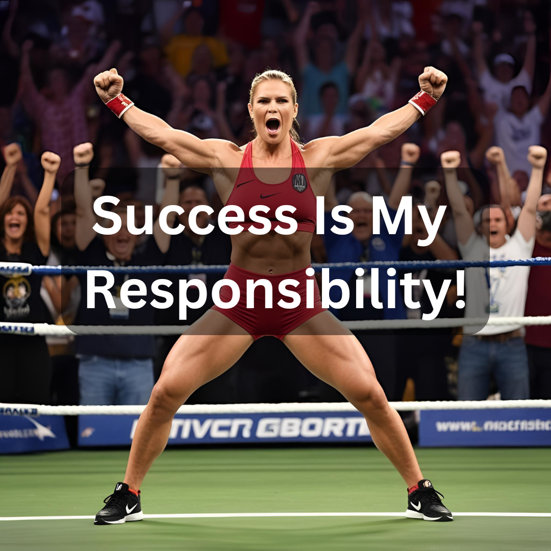A muscular woman in a power pose while a crowd cheers her on